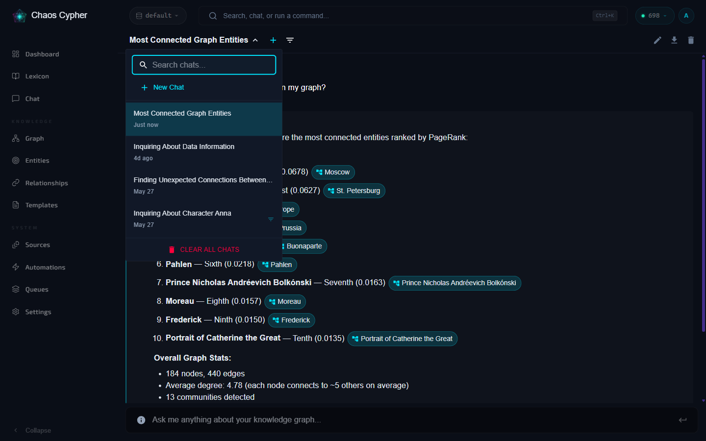 Chat header with conversation list and search