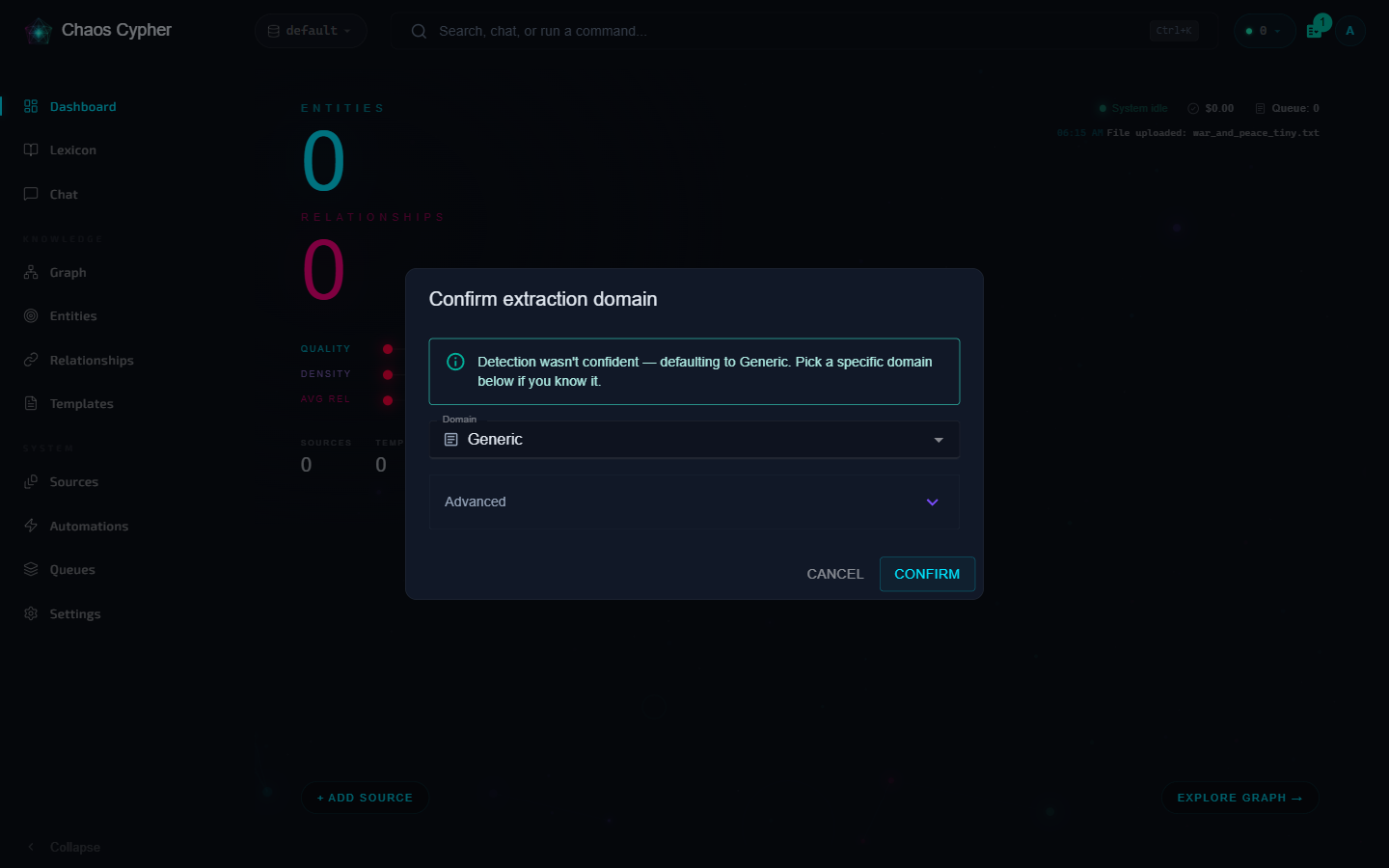 Review dialog proposing an extraction domain once indexing finishes