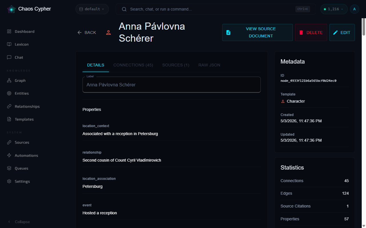 Entity detail page showing properties and metadata
