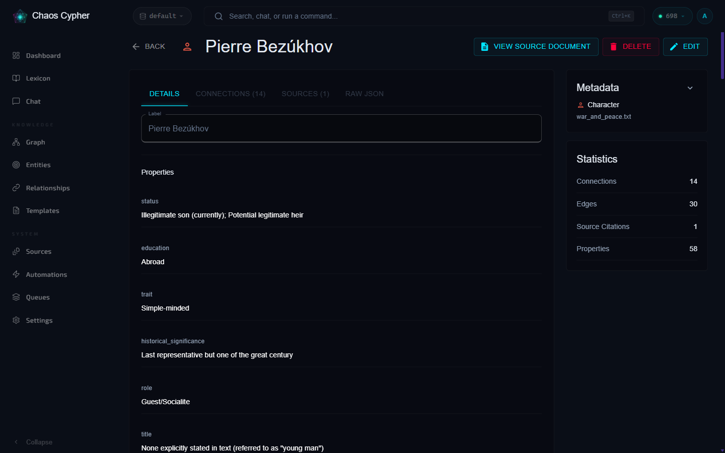 Entity detail page showing properties and metadata
