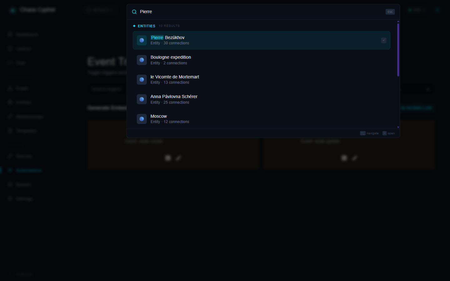 Command palette showing entity search results