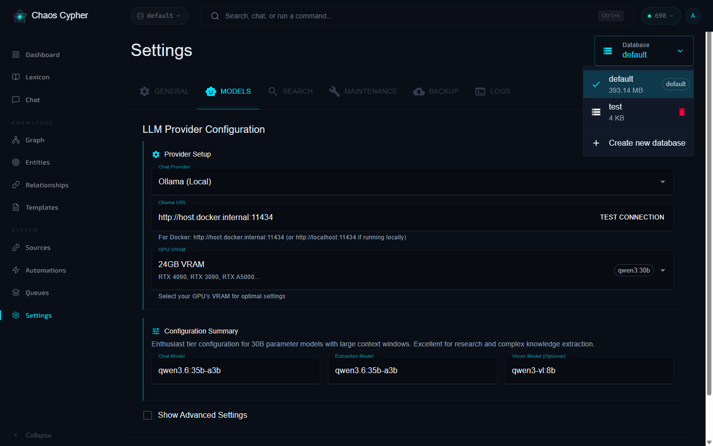 Settings page with database management panel