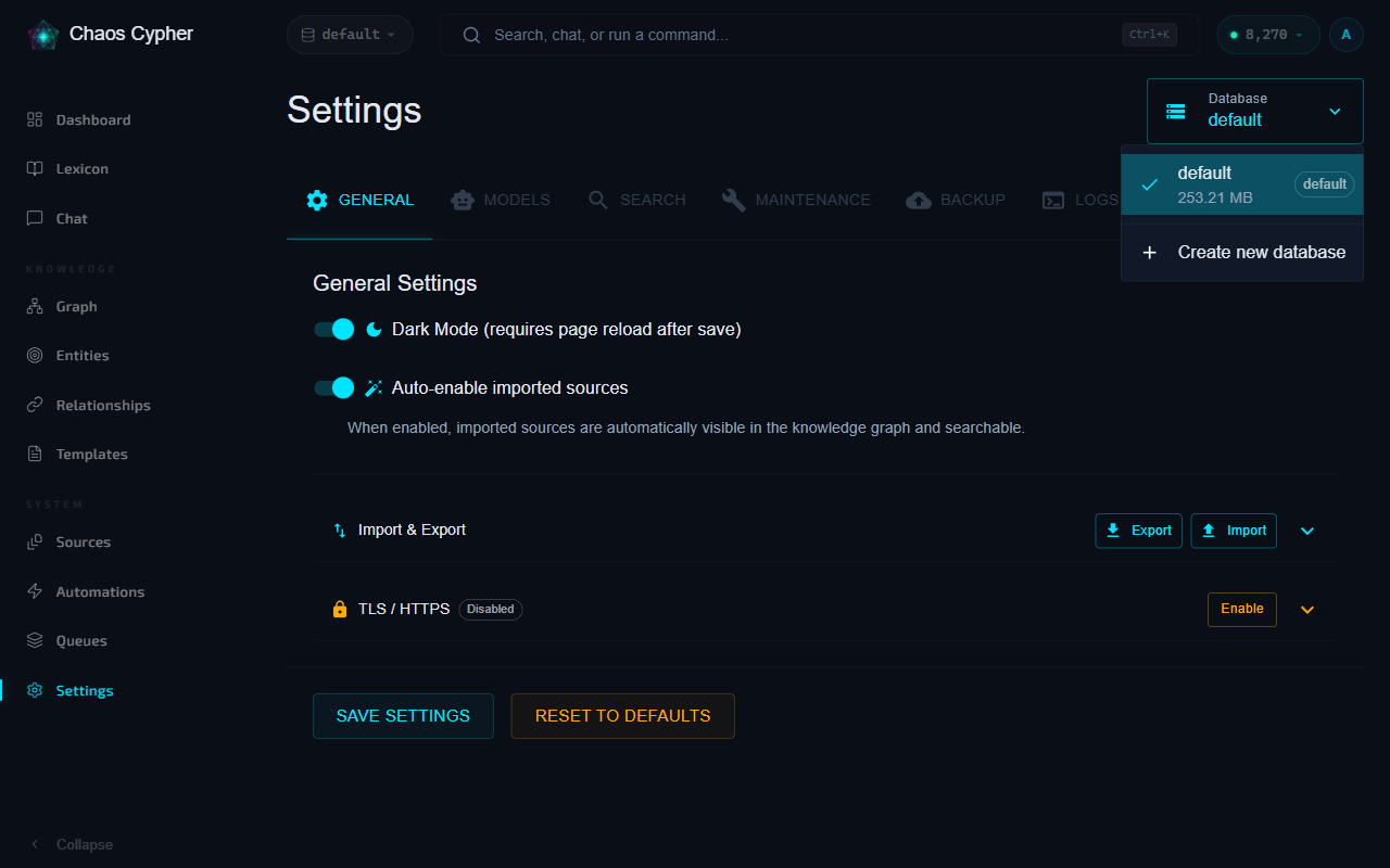 Settings page with database management panel