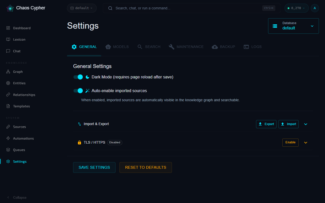 Settings page with import and export graph options