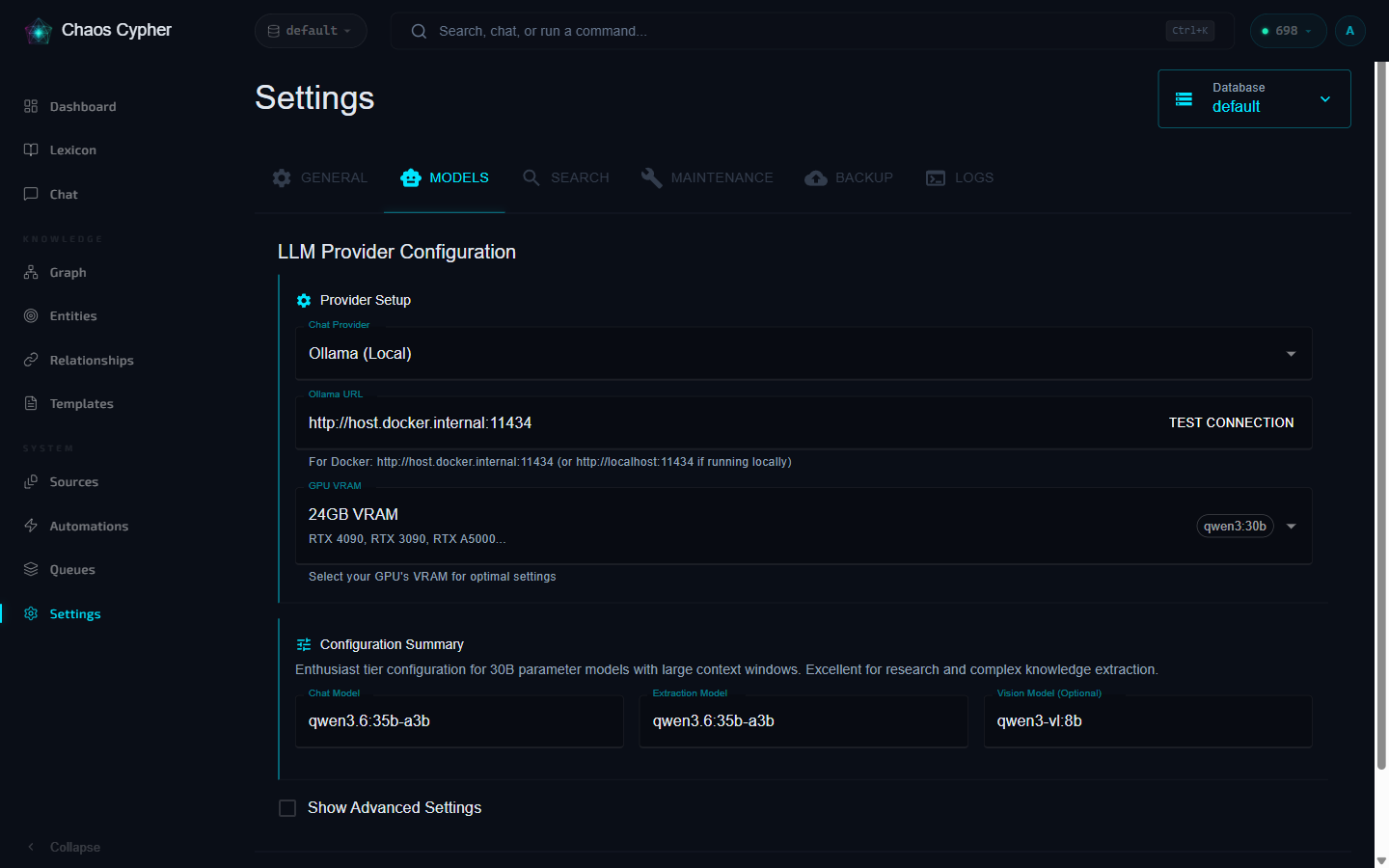 LLM provider settings with Ollama configuration and VRAM preset
