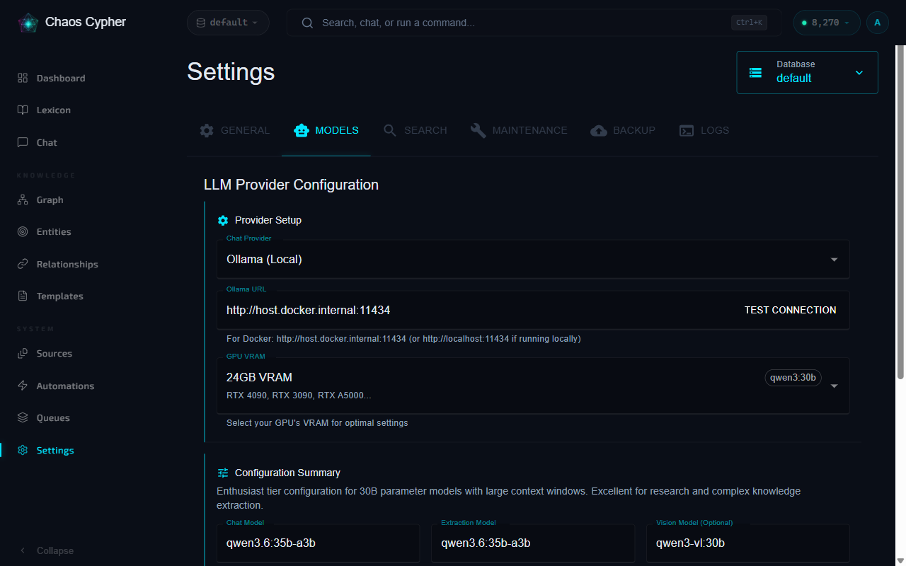 LLM provider settings with Ollama configuration and VRAM preset