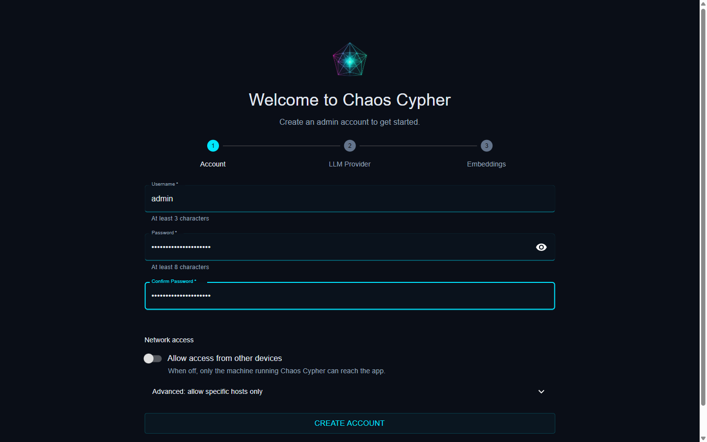 Setup wizard step 1 — create the local operator account