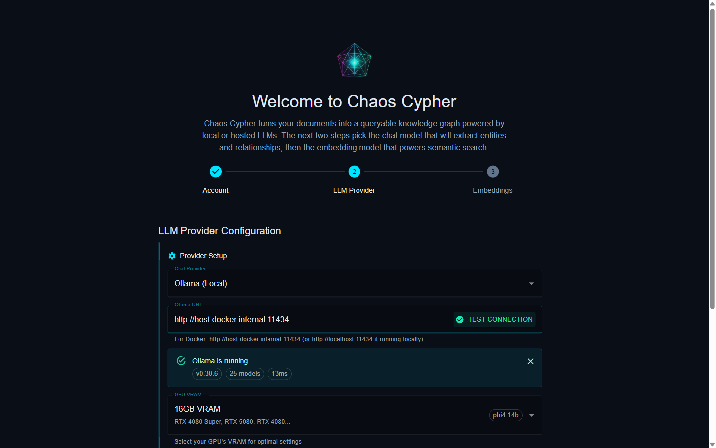 Setup wizard step 2 — LLM provider with a successful Ollama connection test