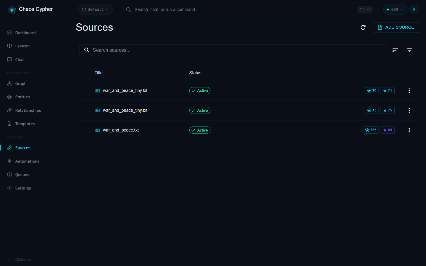 Sources list with status and entity counts