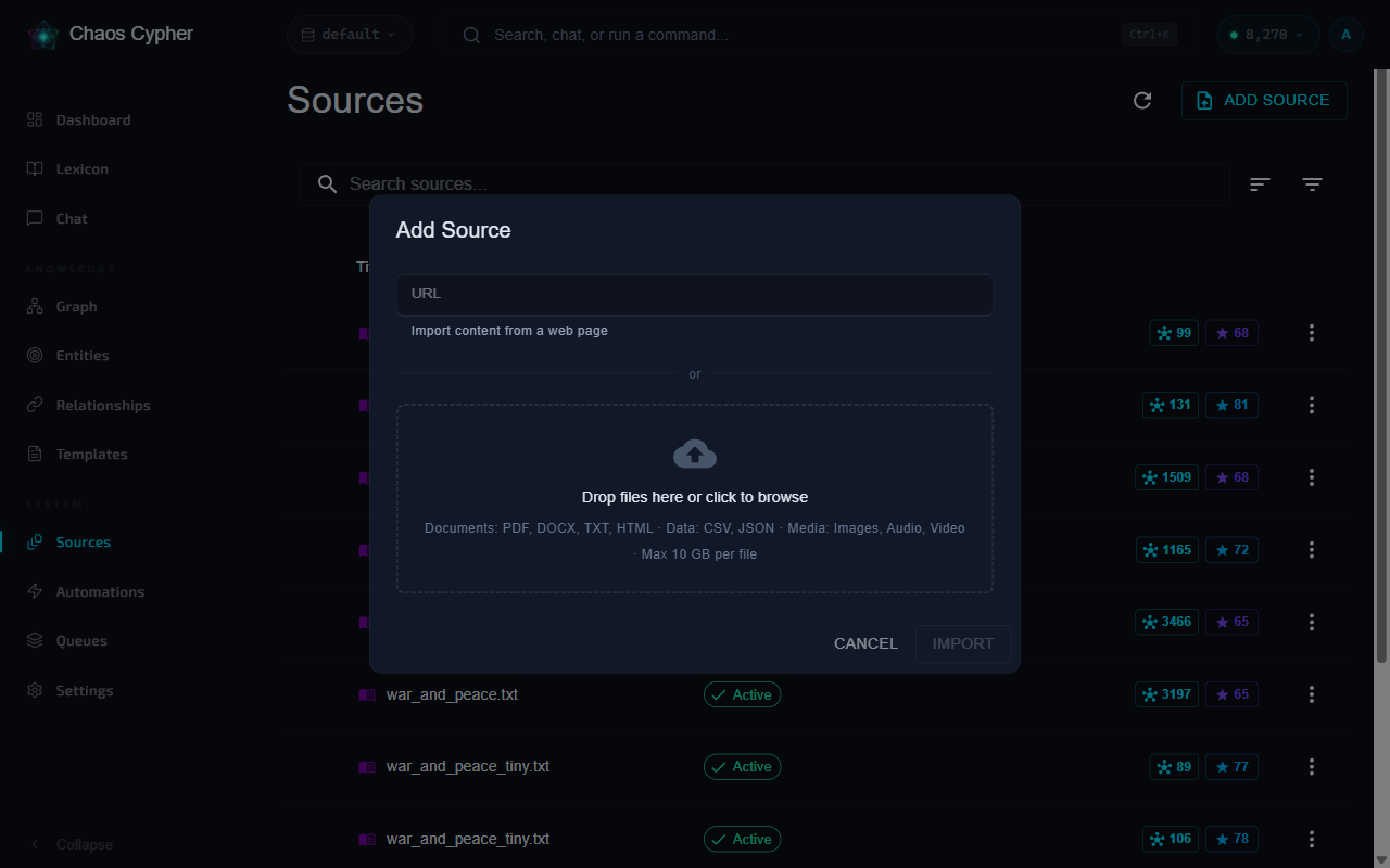 Sources page with upload dialog and drag-and-drop