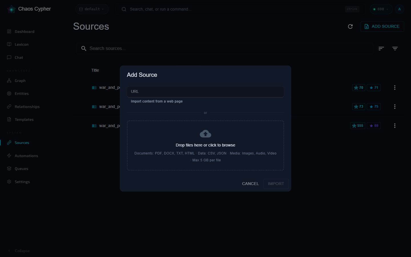 Sources page with upload dialog