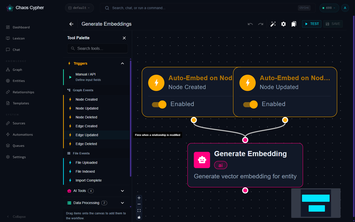 Workflow builder with drag-and-drop step canvas
