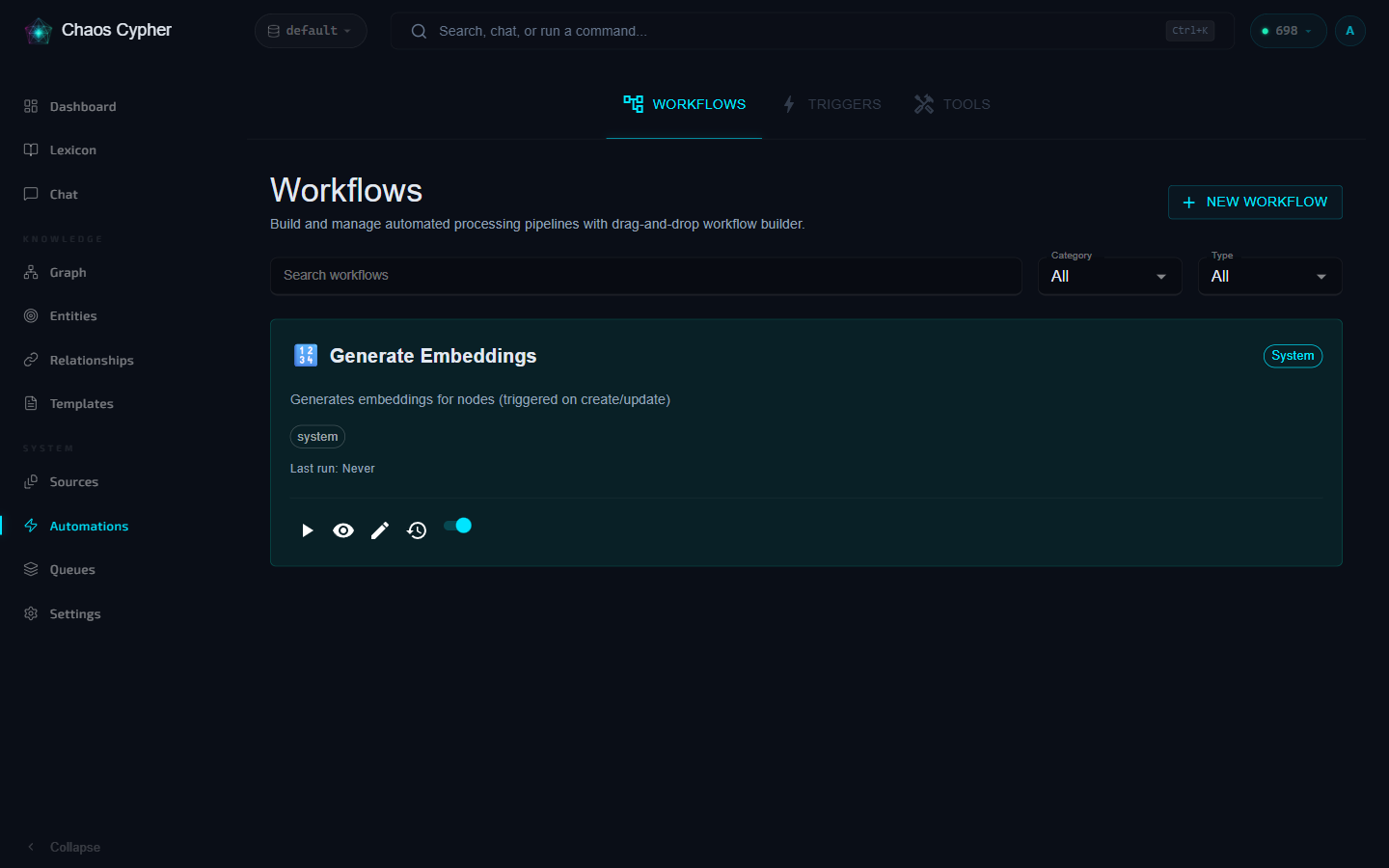 Workflows page with automation list and controls